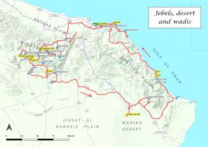 Map of the tour Jebels, desert and wadis